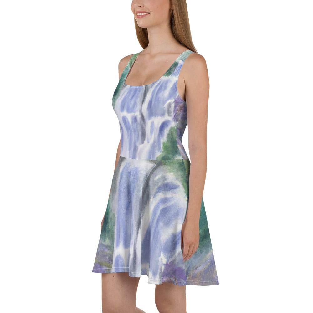 Womens Skater Dress Purple Watercolor Waterfall Green Landscape 2