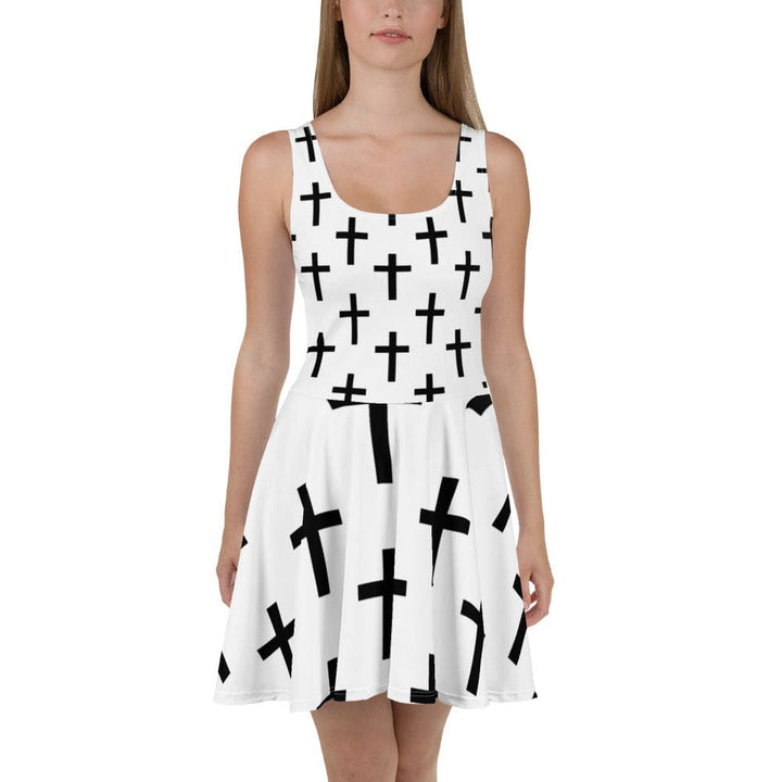 Womens Skater Dress White Black Cross Print