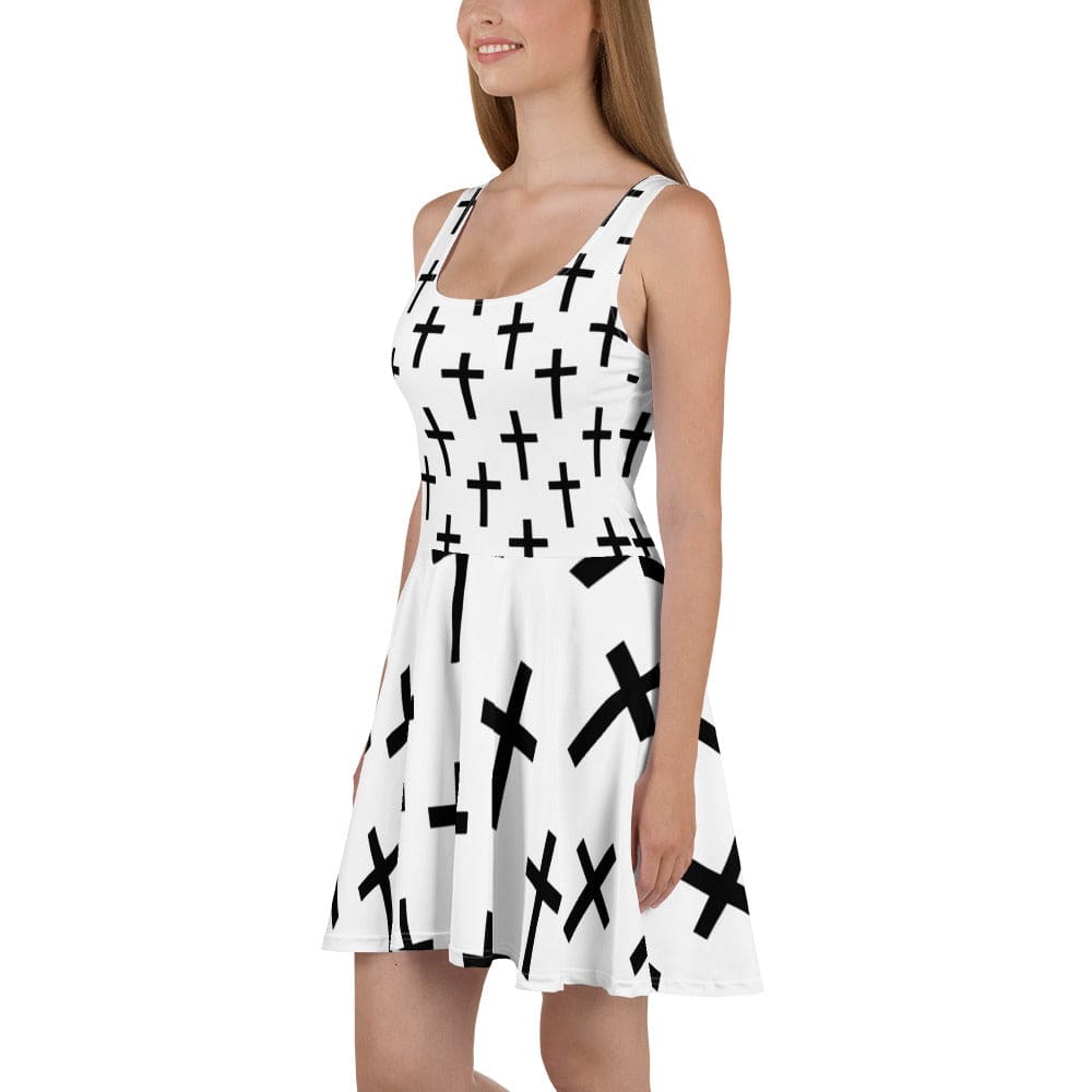 Womens Skater Dress White Black Cross Print