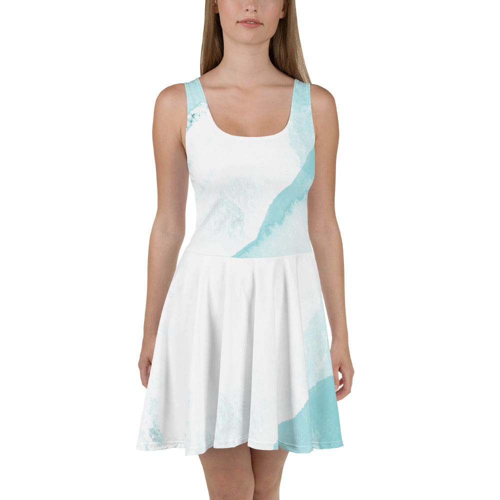 Womens Skater Dress Subtle Abstract Ocean Blue and White Print 2