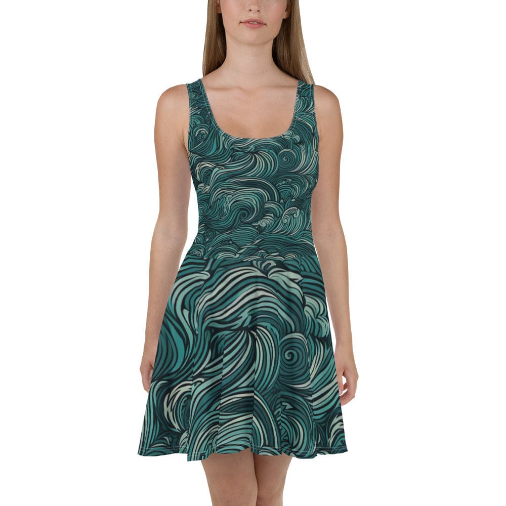 Womens Skater Dress Mint Green Water Wave Print