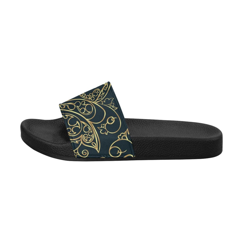 Womens Slides Flip Flop Sandals Black and Gold Swirl Print - Womens | Slides