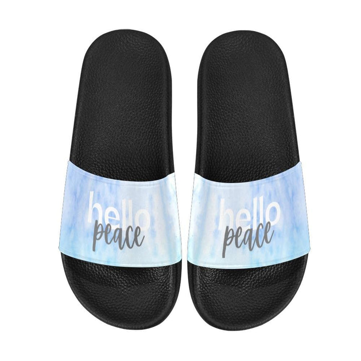 Womens Slides Flip Flop Sandals Blue Watercolor Hello Peace Print - Womens