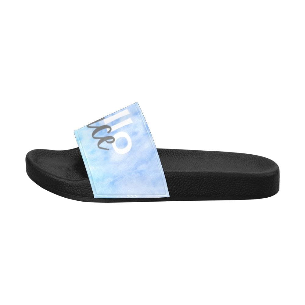 Womens Slides Flip Flop Sandals Blue Watercolor Hello Peace Print - Womens