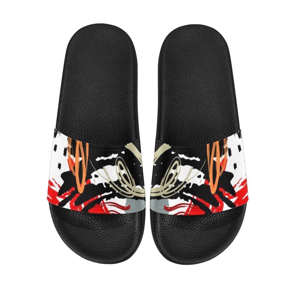 Womens Slides Flip Flop Sandals Red Black and White Abstract Print - Womens