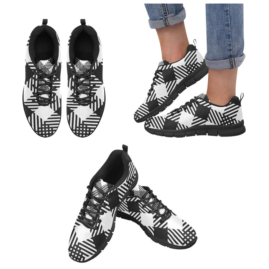 Womens Sneakers - Black and White Plaid Print Running Shoes