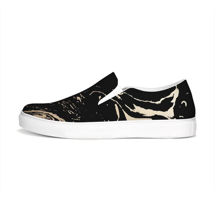 Womens Sneakers - Black & Beige Swirl Style Low Top Slip-on Canvas Shoes