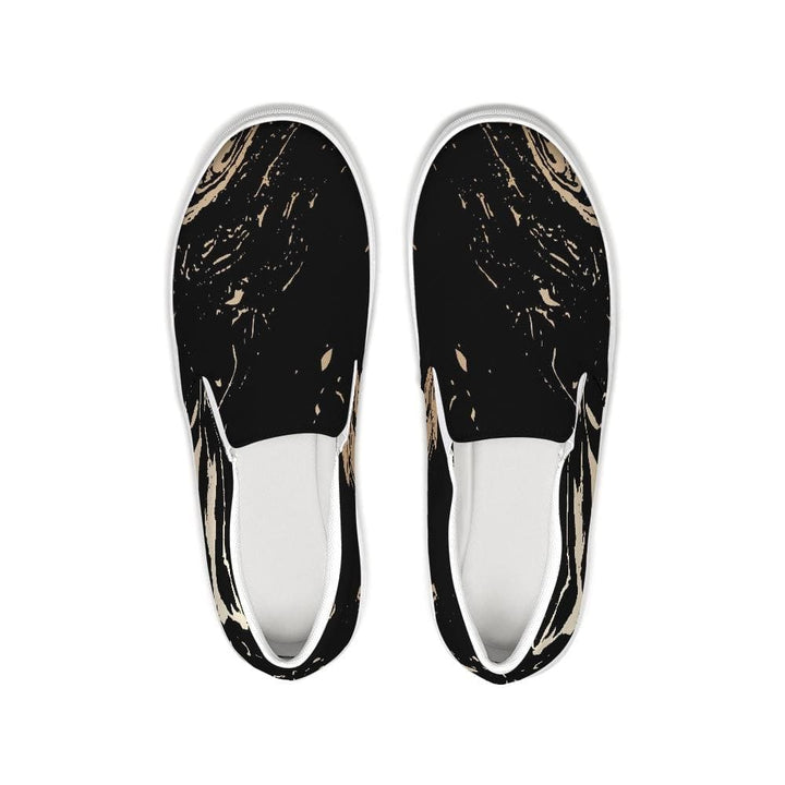 Womens Sneakers - Black & Beige Swirl Style Low Top Slip-on Canvas Shoes