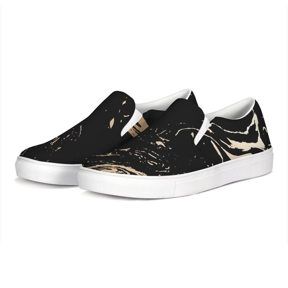 Womens Sneakers - Black & Beige Swirl Style Low Top Slip-on Canvas Shoes