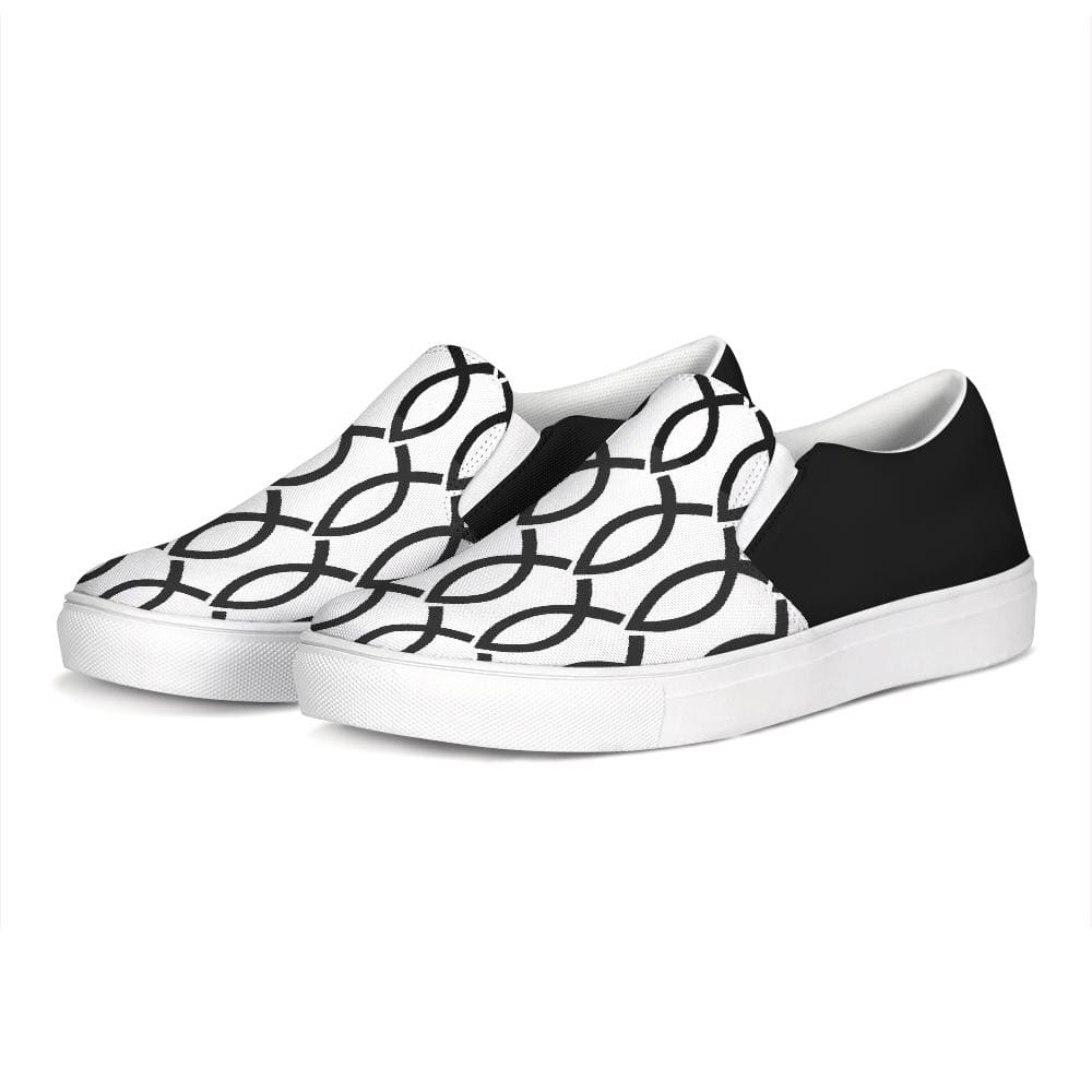 Womens Sneakers - Black & White Ichthys Style Low Top Slip-on Canvas Shoes