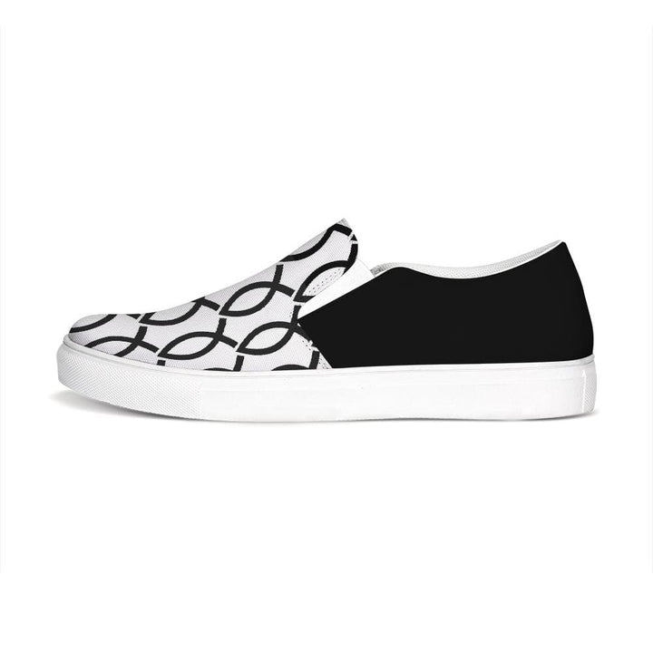Womens Sneakers - Black & White Ichthys Style Low Top Slip-on Canvas Shoes