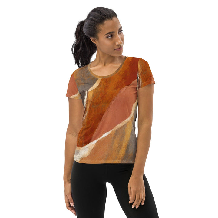 Womens Stretch Fit Athletic Sports T-shirt - Rustic Brown Stone Print