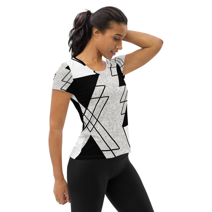Womens Stretch Fit Athletic Sports T-shirt - Black and White Ash Grey