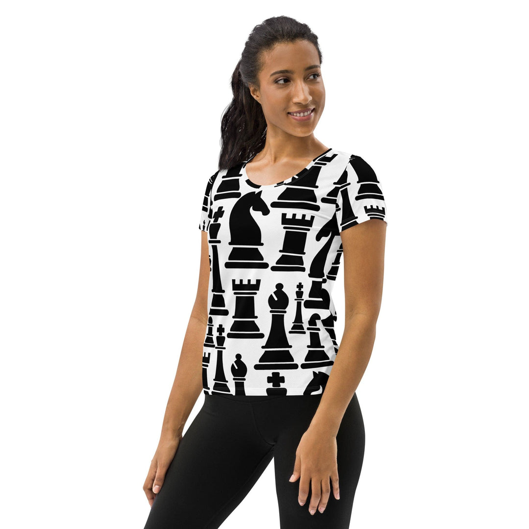 Womens Stretch Fit Athletic Sports T-shirt - Black and White Chess