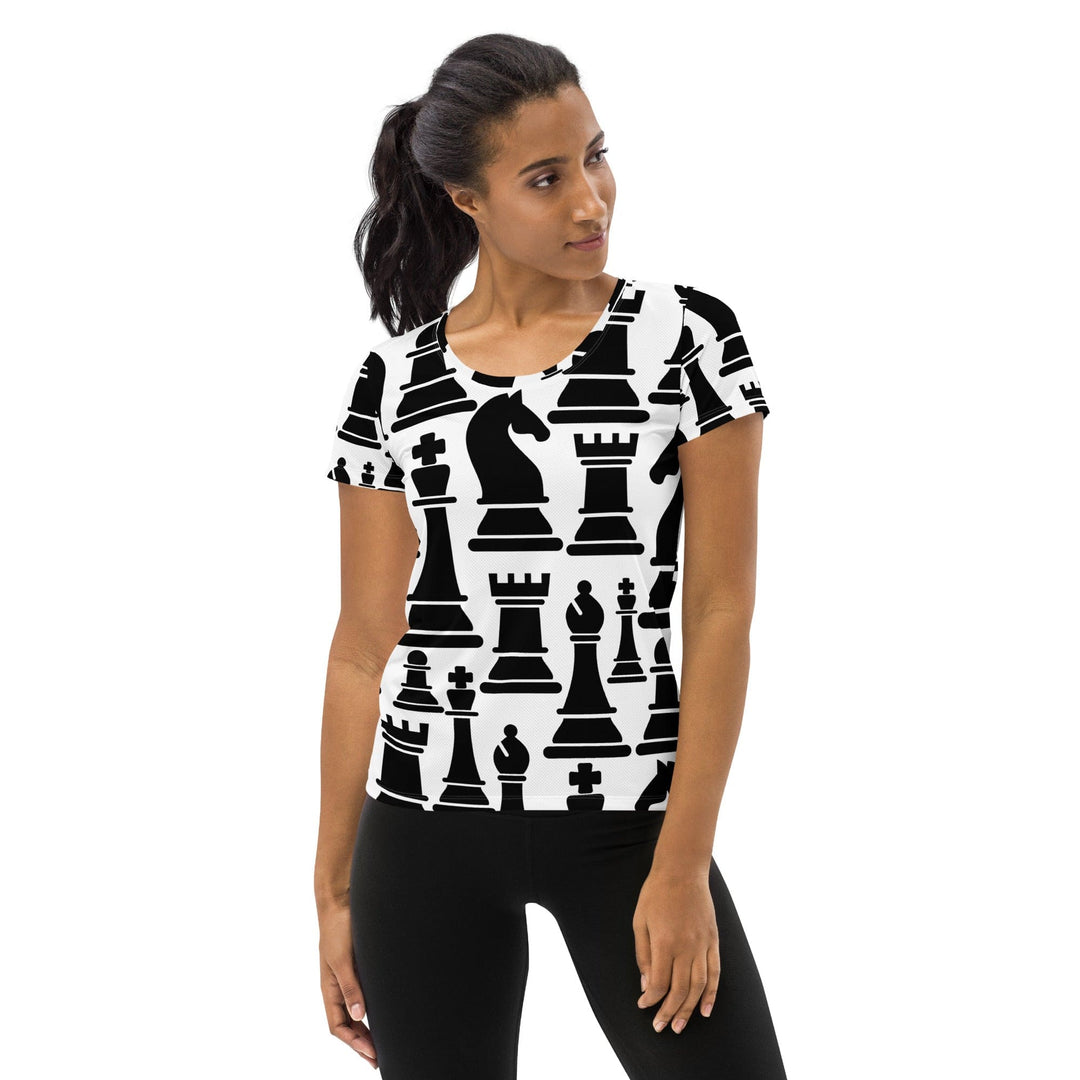 Womens Stretch Fit Athletic Sports T-shirt - Black and White Chess