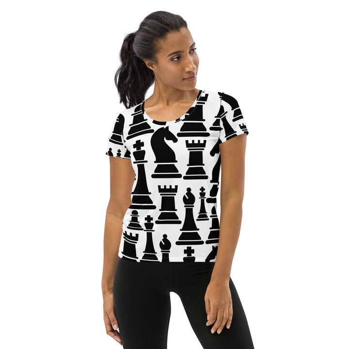 Womens Stretch Fit Athletic Sports T-shirt - Black and White Chess