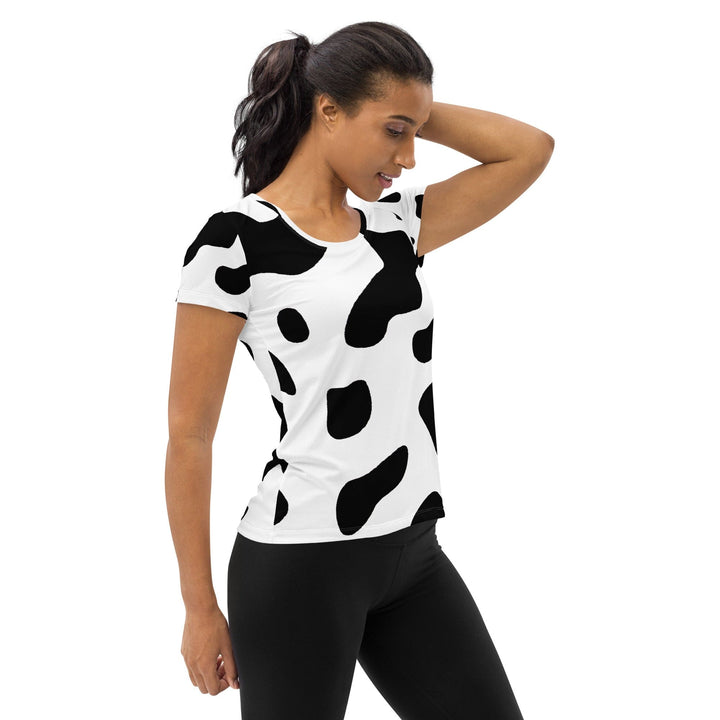 Womens Stretch Fit Athletic Sports T-shirt - Black White Cow Print