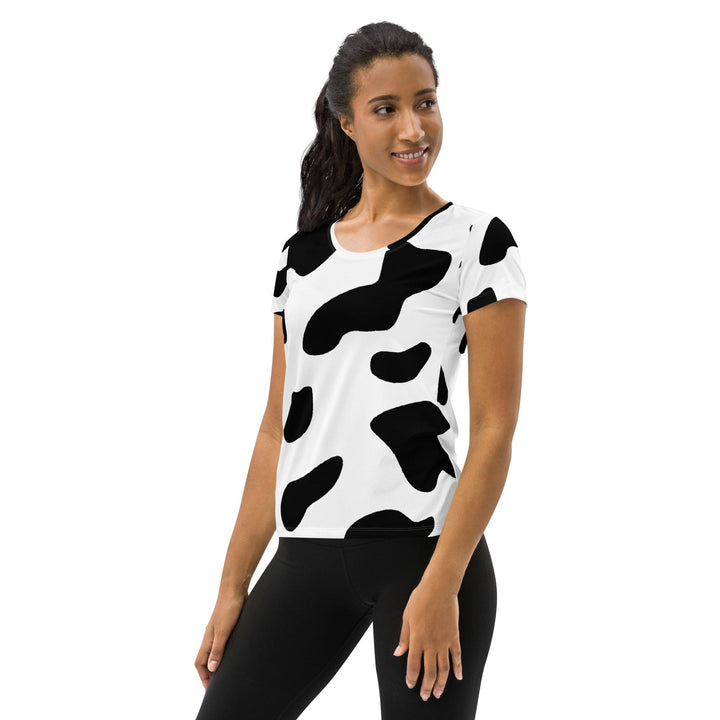 Womens Stretch Fit Athletic Sports T-shirt - Black White Cow Print