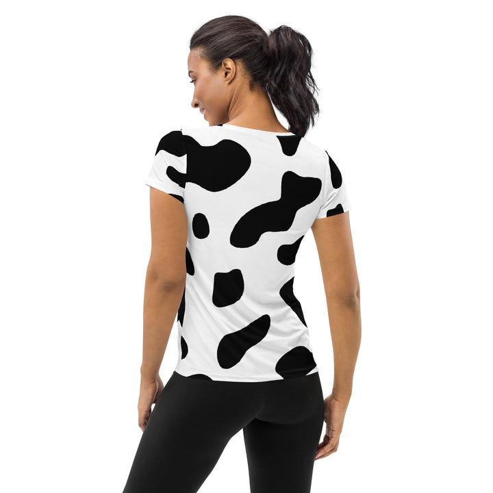 Womens Stretch Fit Athletic Sports T-shirt - Black White Cow Print