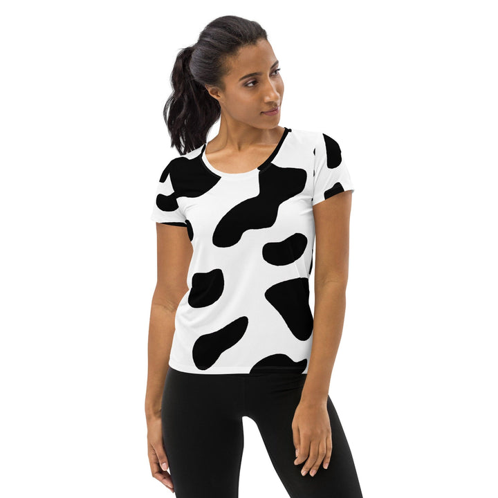Womens Stretch Fit Athletic Sports T-shirt - Black White Cow Print