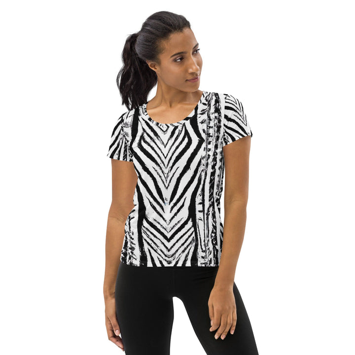 Womens Stretch Fit Athletic Sports T-shirt - Black White Native Print