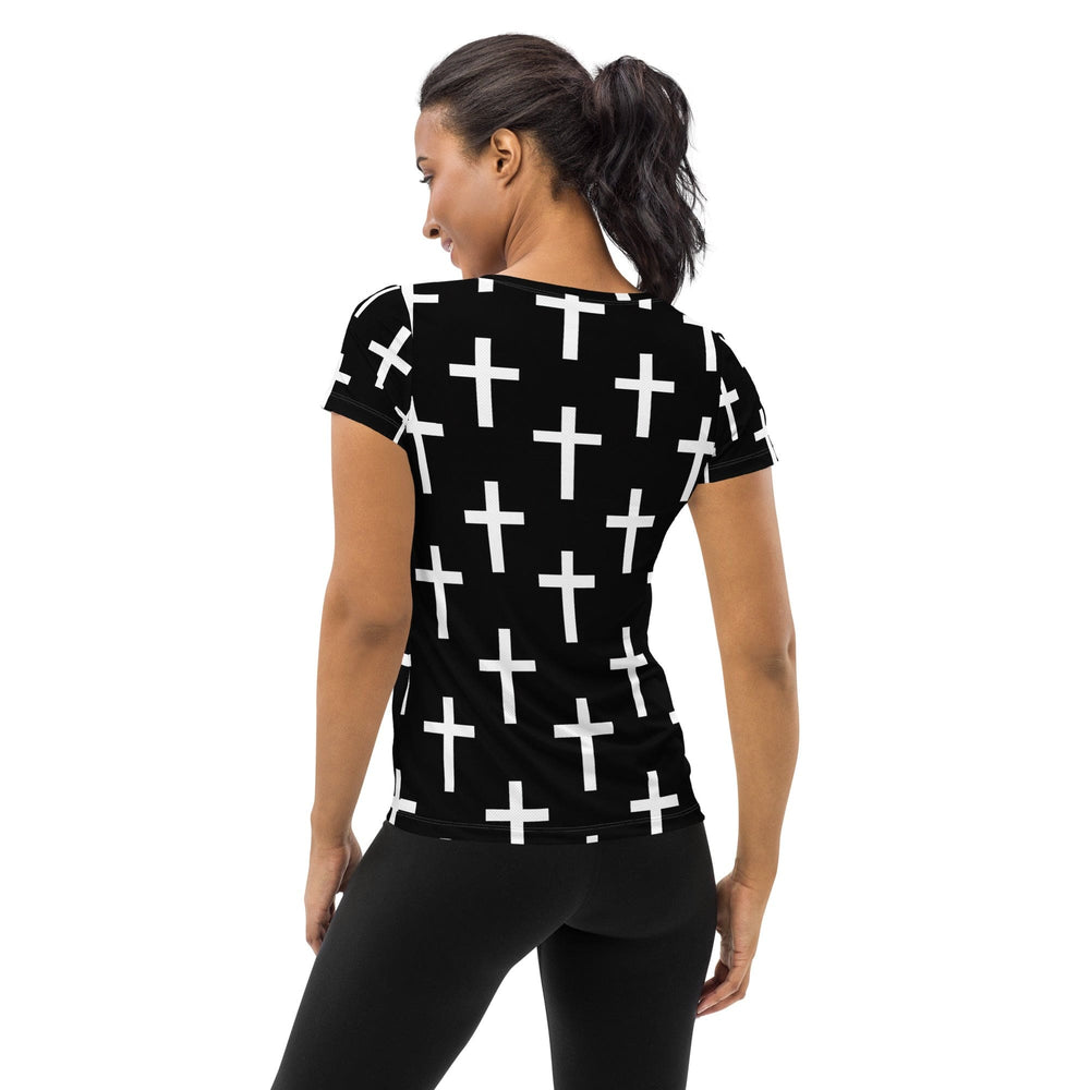 Womens Stretch Fit Athletic Sports T-shirt - Black White Cross Print