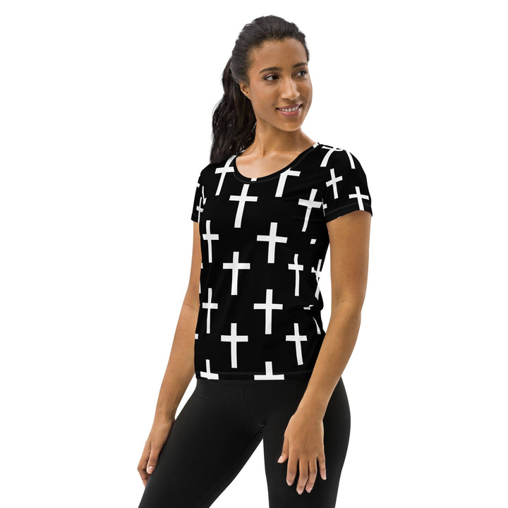 Womens Stretch Fit Athletic Sports T-shirt - Black White Cross Print