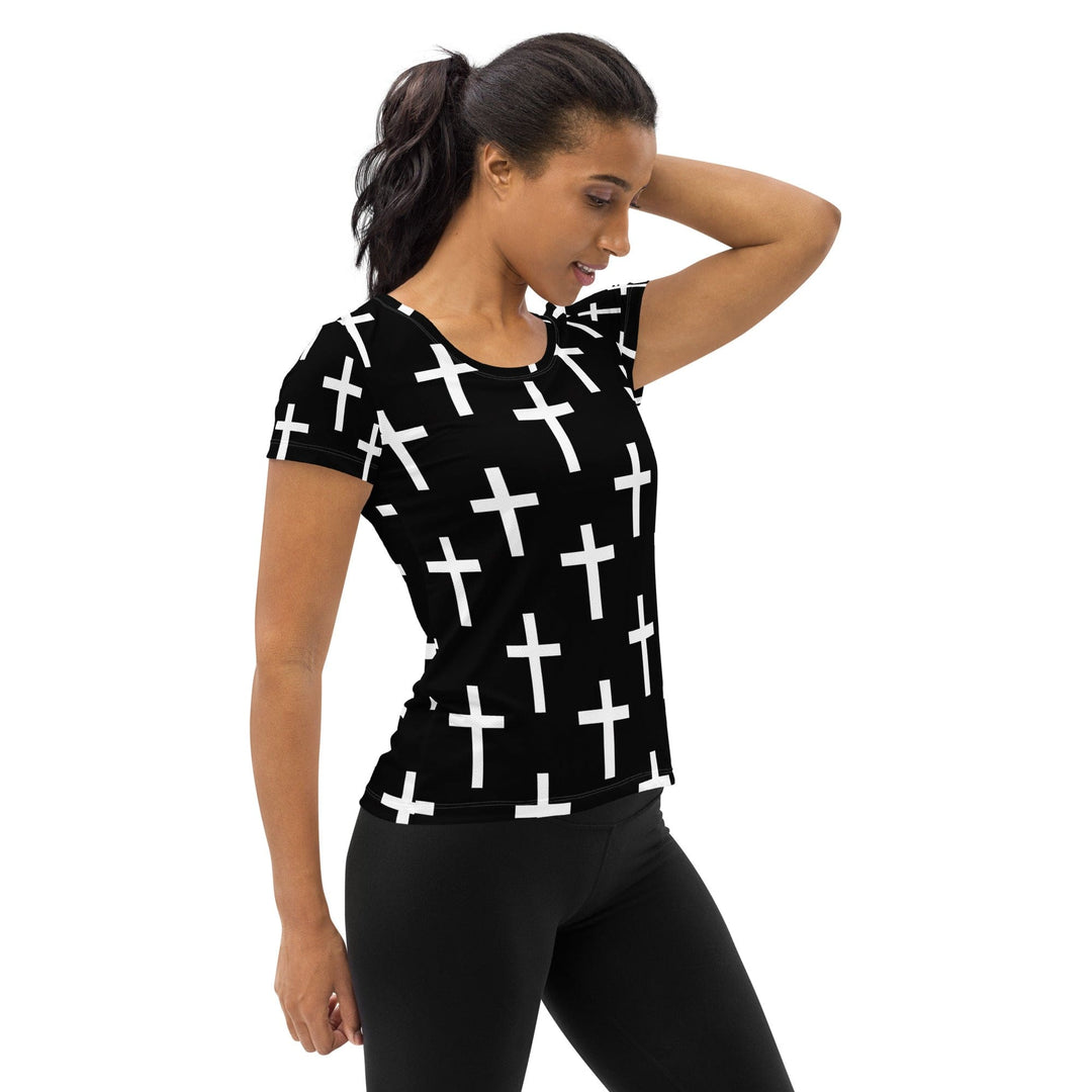 Womens Stretch Fit Athletic Sports T-shirt - Black White Cross Print