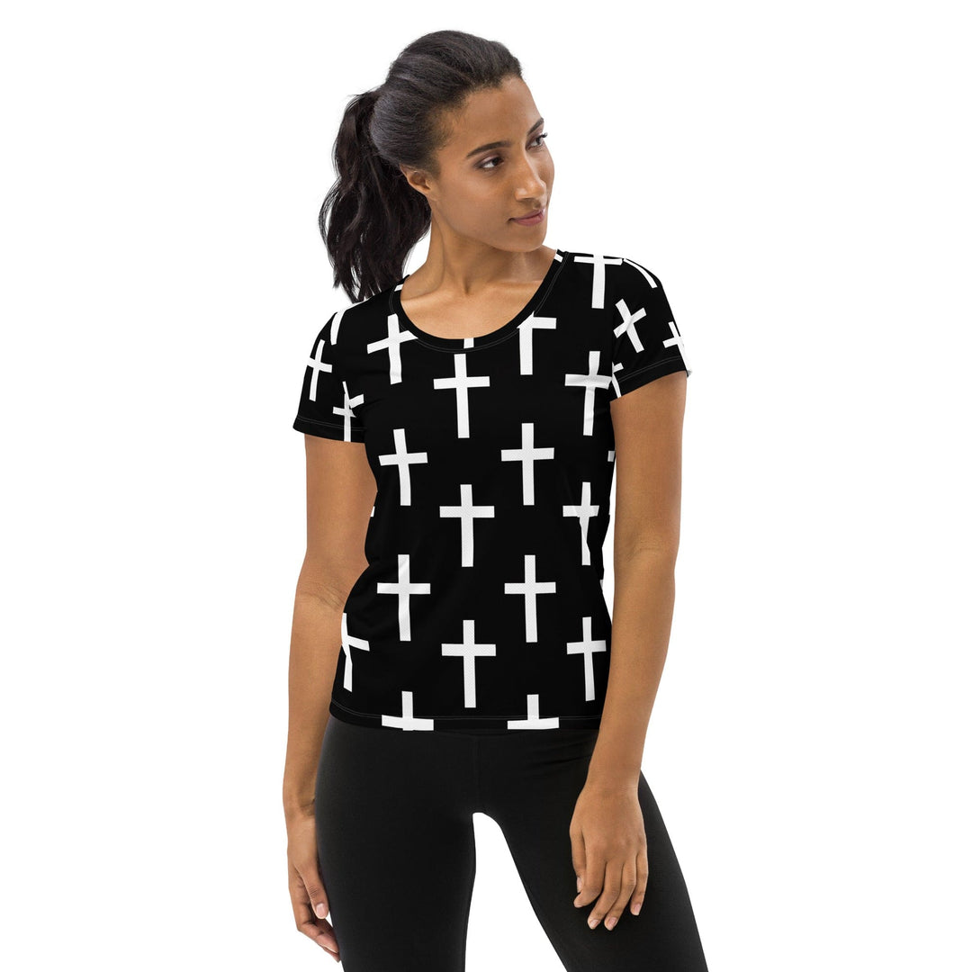 Womens Stretch Fit Athletic Sports T-shirt - Black White Cross Print