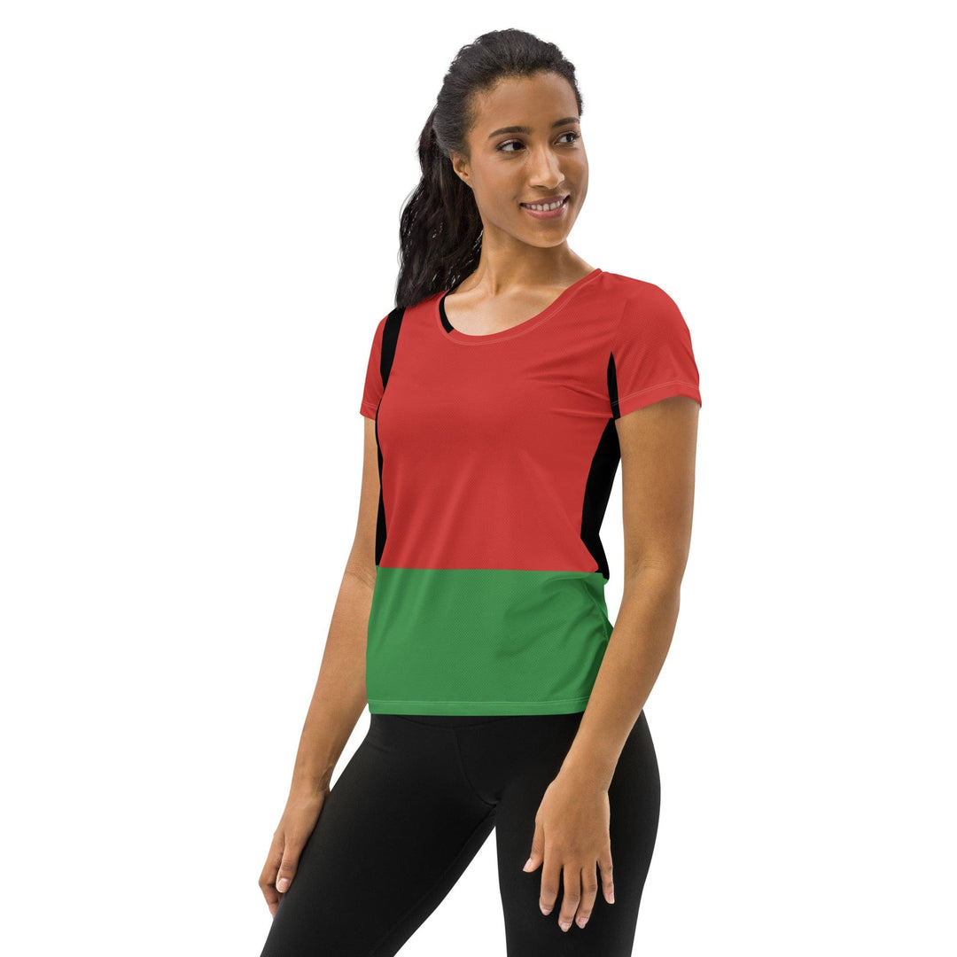 Womens Stretch Fit Athletic Sports T-shirt Black Red Green Stripped 4