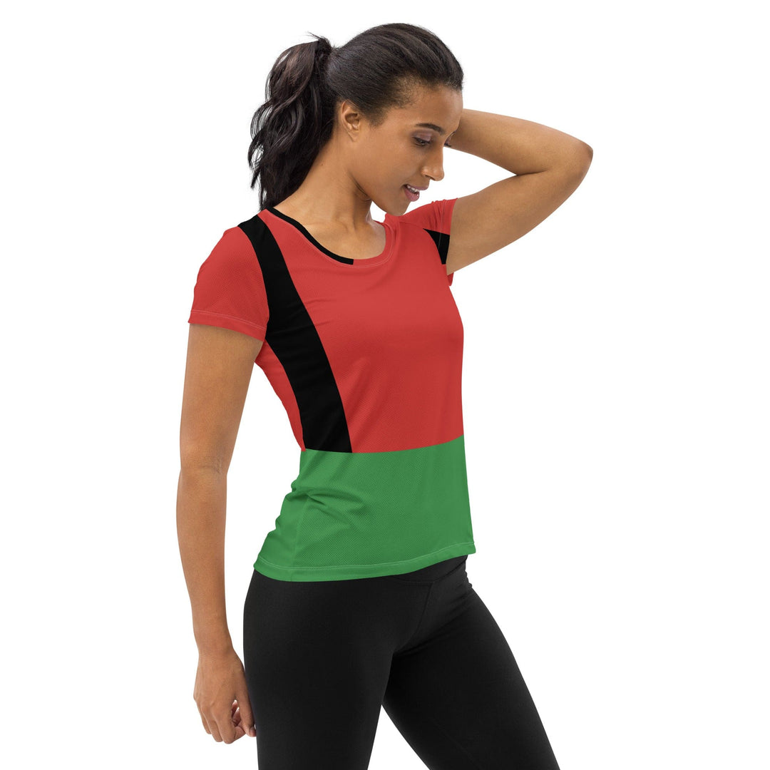 Womens Stretch Fit Athletic Sports T-shirt Black Red Green Stripped 4