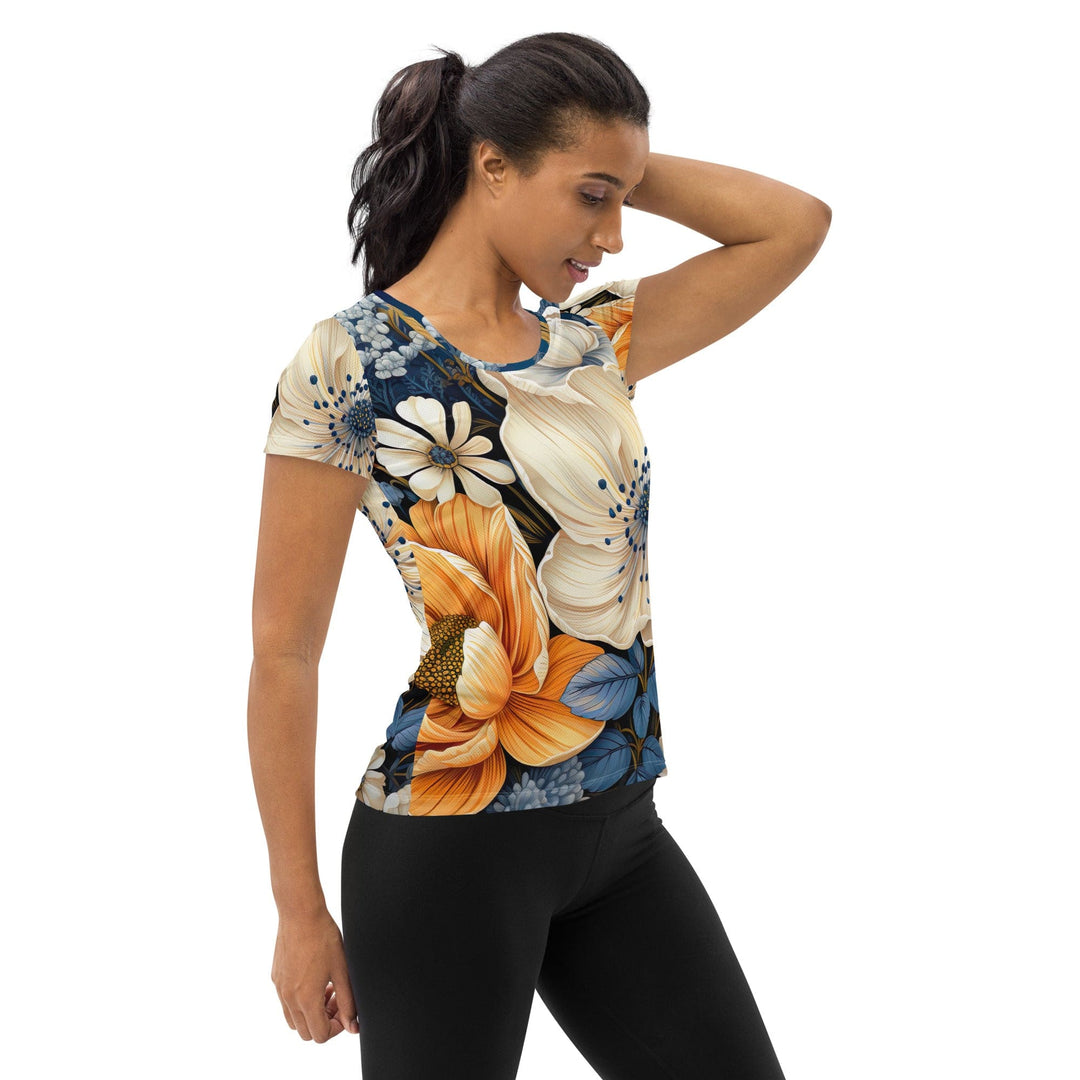 Womens Stretch Fit Athletic Sports T-shirt - Floral Blue Print
