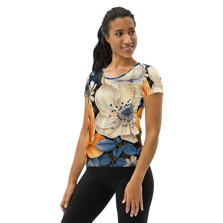Womens Stretch Fit Athletic Sports T-shirt - Floral Blue Print