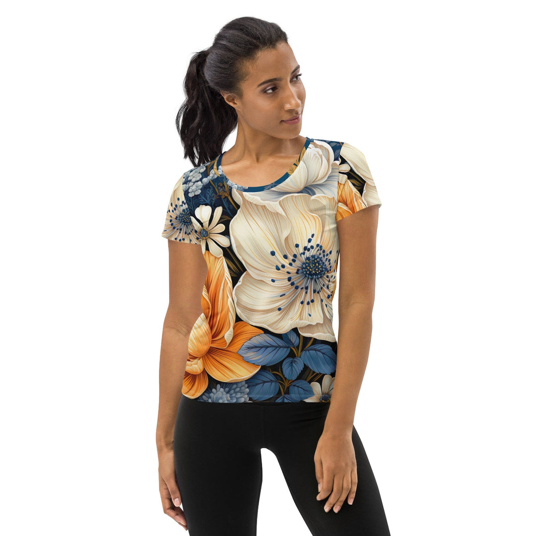 Womens Stretch Fit Athletic Sports T-shirt - Floral Blue Print