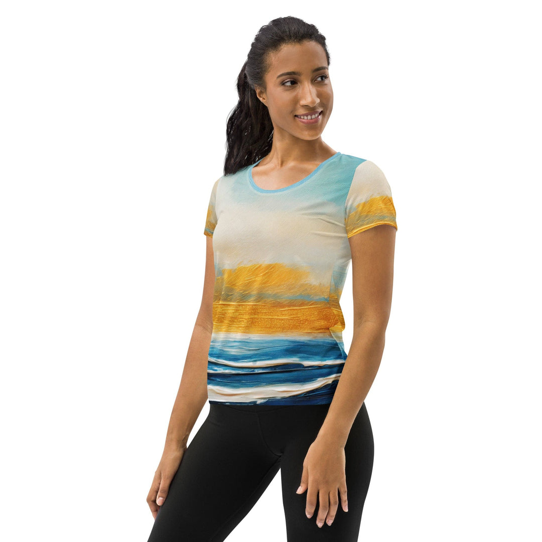 Womens Stretch Fit Athletic Sports T-shirt - Blue Ocean Golden Sunset