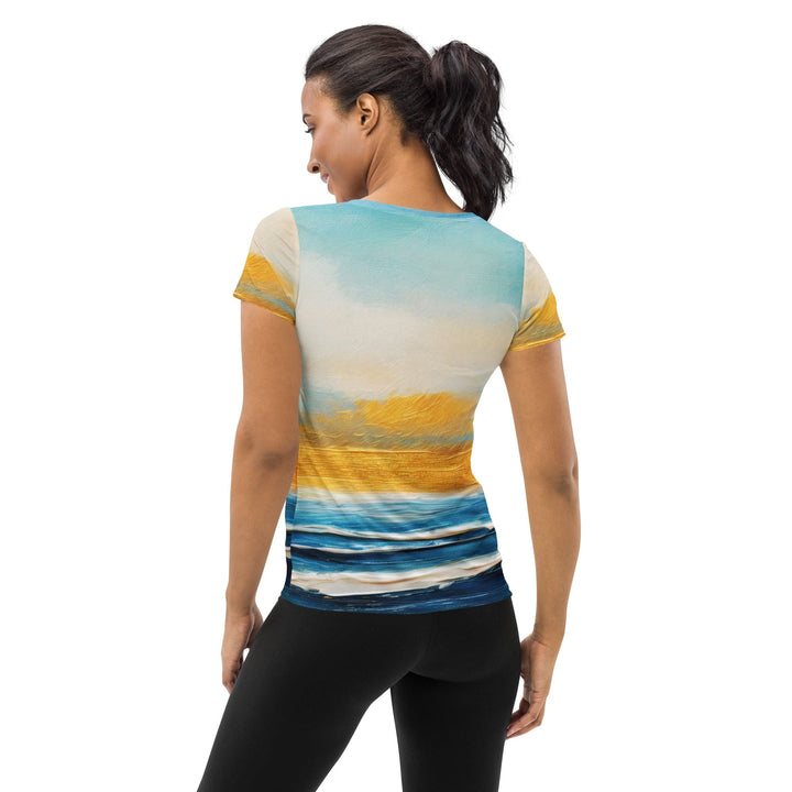 Womens Stretch Fit Athletic Sports T-shirt - Blue Ocean Golden Sunset