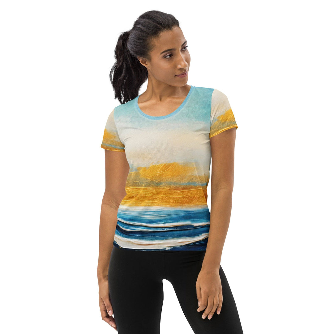 Womens Stretch Fit Athletic Sports T-shirt - Blue Ocean Golden Sunset