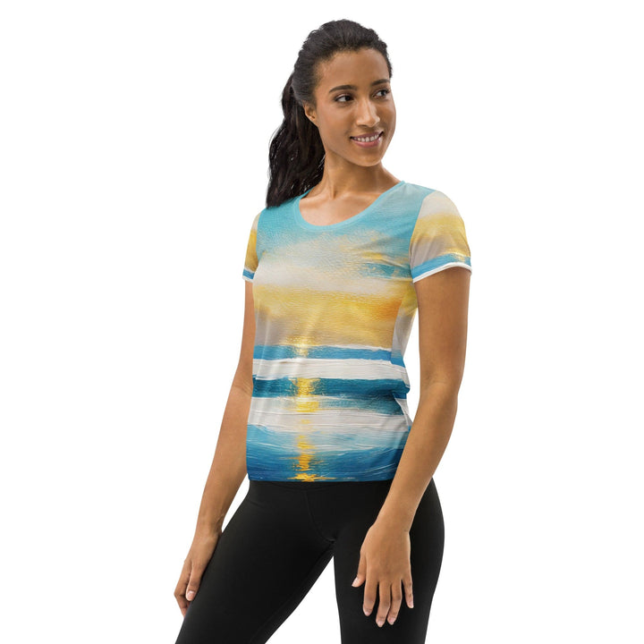 Womens Stretch Fit Athletic Sports T-shirt - Blue Ocean Golden Sunset 3