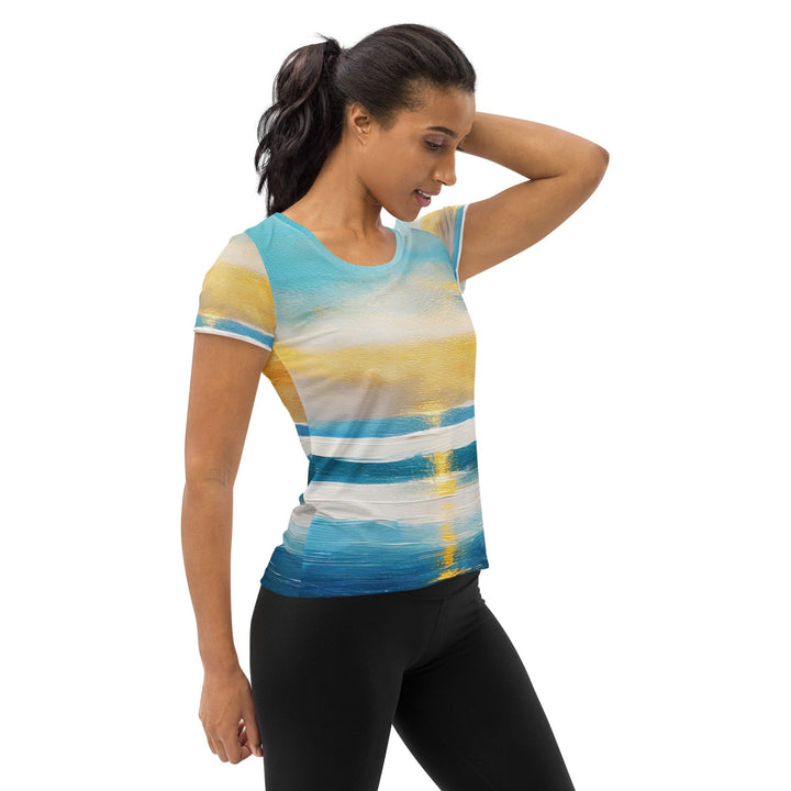 Womens Stretch Fit Athletic Sports T-shirt - Blue Ocean Golden Sunset 3