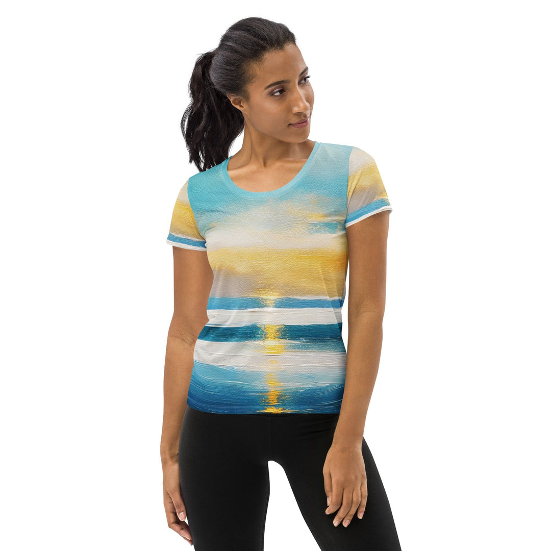 Womens Stretch Fit Athletic Sports T-shirt - Blue Ocean Golden Sunset 3