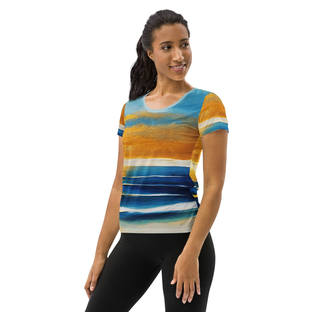 Womens Stretch Fit Athletic Sports T-shirt - Blue Ocean Golden Sunset