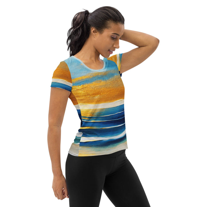 Womens Stretch Fit Athletic Sports T-shirt - Blue Ocean Golden Sunset