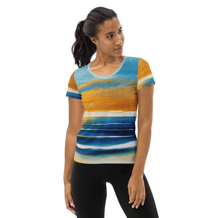 Womens Stretch Fit Athletic Sports T-shirt - Blue Ocean Golden Sunset