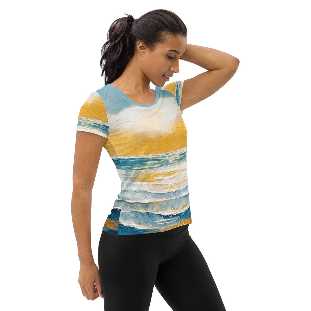 Womens Stretch Fit Athletic Sports T-shirt - Blue Ocean Golden Sunset