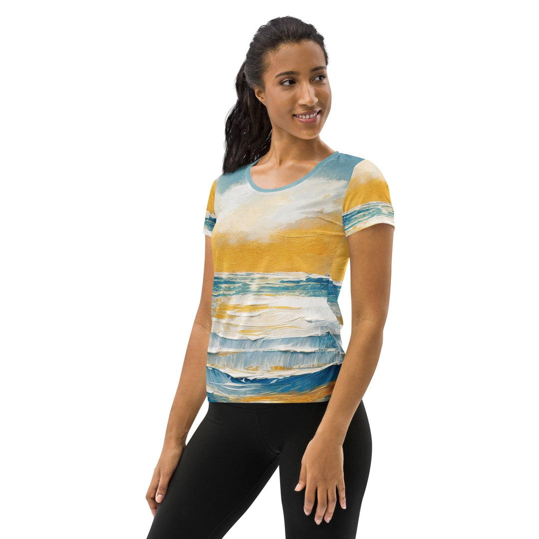 Womens Stretch Fit Athletic Sports T-shirt - Blue Ocean Golden Sunset