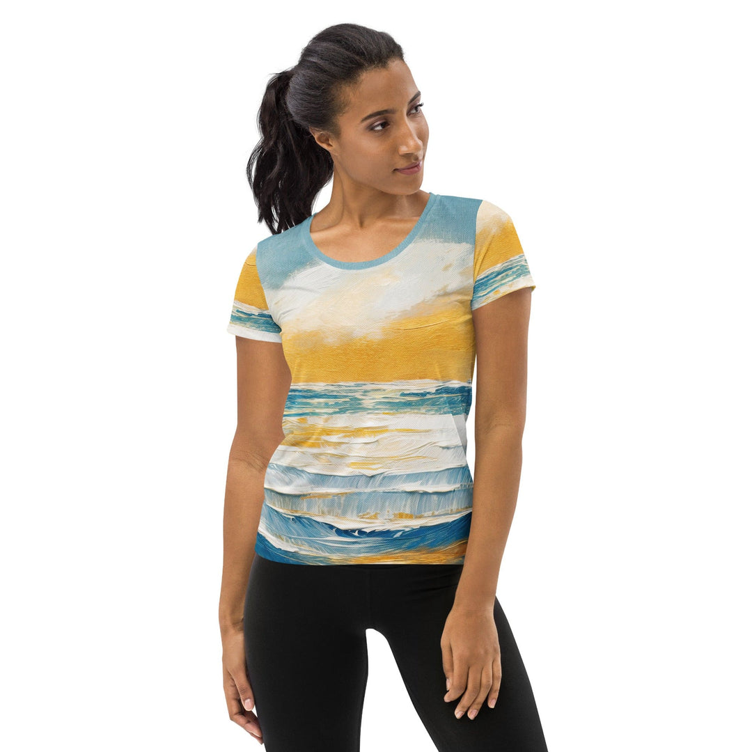 Womens Stretch Fit Athletic Sports T-shirt - Blue Ocean Golden Sunset