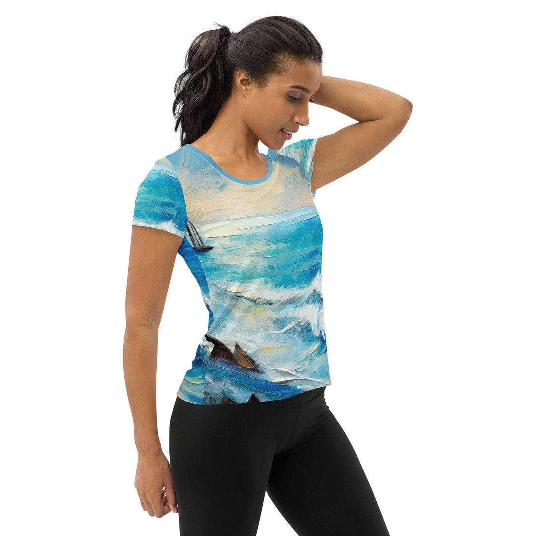 Womens Stretch Fit Athletic Sports T-shirt - Blue Ocean Print