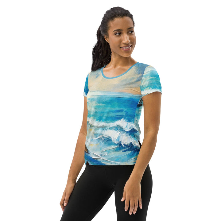 Womens Stretch Fit Athletic Sports T-shirt - Blue Ocean Print