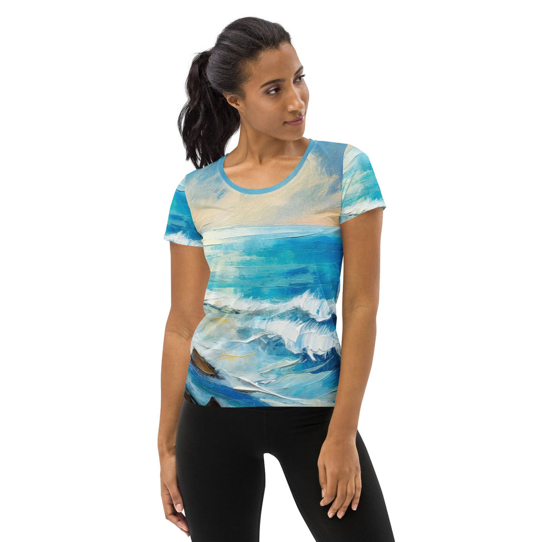 Womens Stretch Fit Athletic Sports T-shirt - Blue Ocean Print
