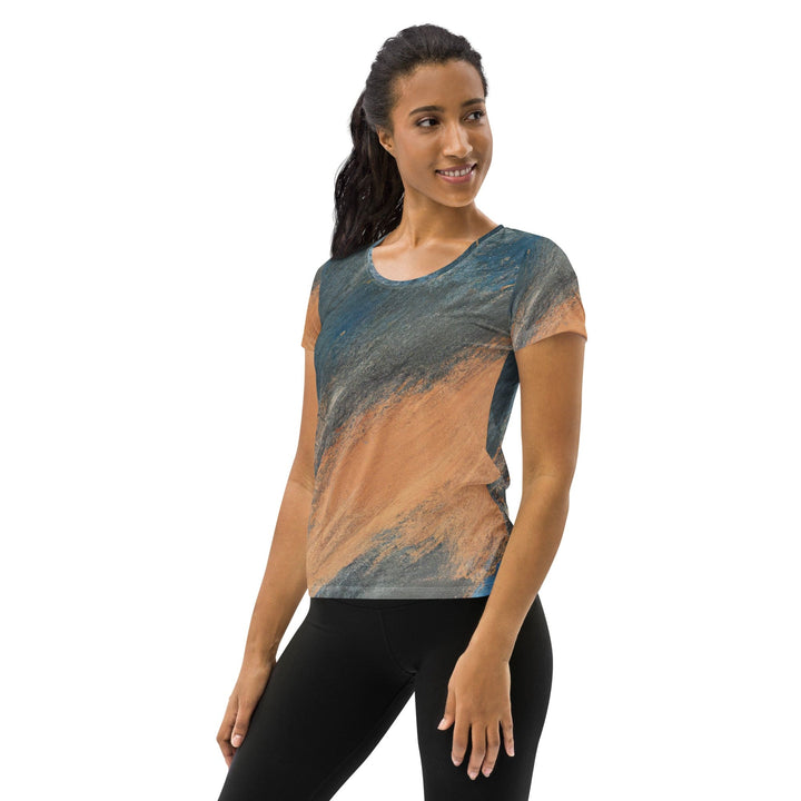 Womens Stretch Fit Athletic Sports T-shirt - Blue Orange Abstract